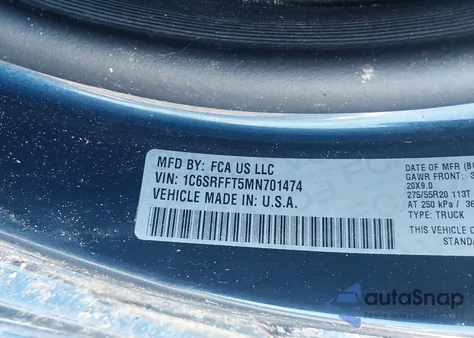 2021 Ram 1500 Big Horn 4X4 5'7 Box z USA, uszkodzony, nr VIN 1C6SRFFT5MN701474